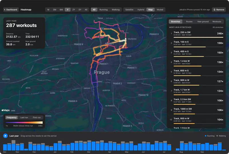 The heatmap: years of runs and walks drawn over the map of Prague, brightest where routes repeat.